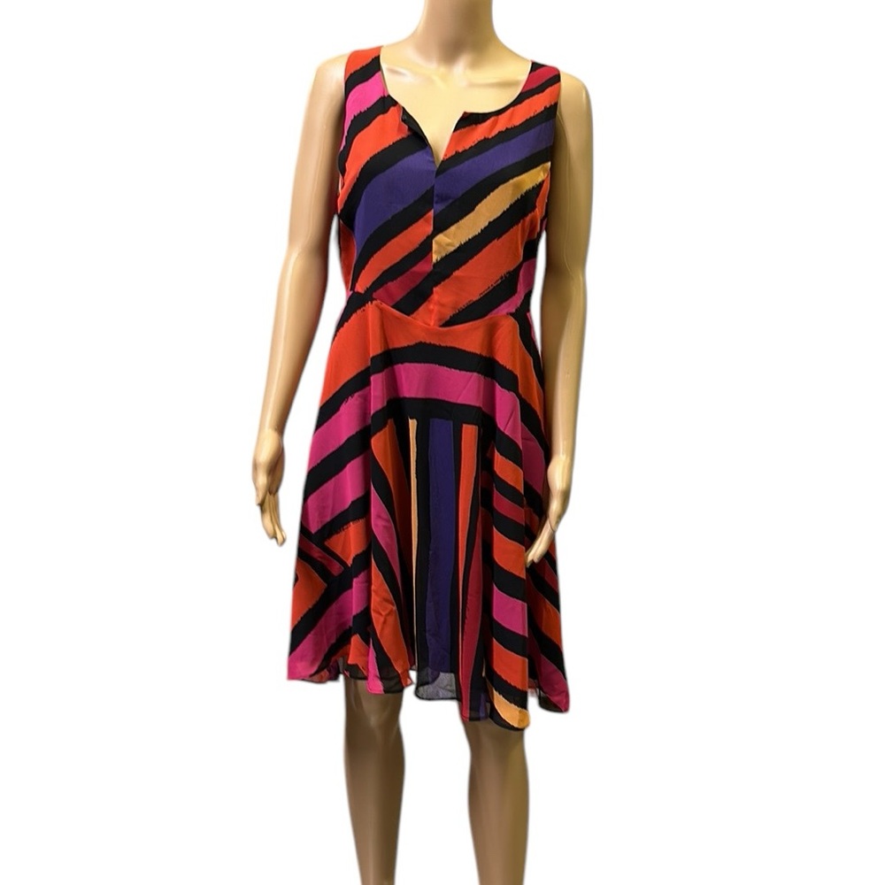CAbi Fete Colorful Sleeveless Fit Flare Flowy Lined Keyhole Zip Back Dress Small
